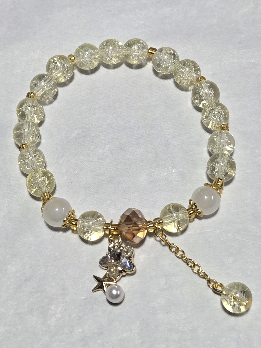 8mm- Gold-Tone Pale Yellow Crystal Beaded Bracelet with Charm Accents- For 1